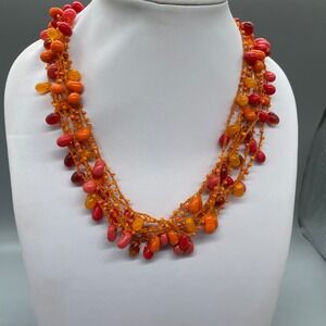 VTG Boho Multi Strand Orange Red Teardrop Bead Crochet Statement Necklace 16-19"